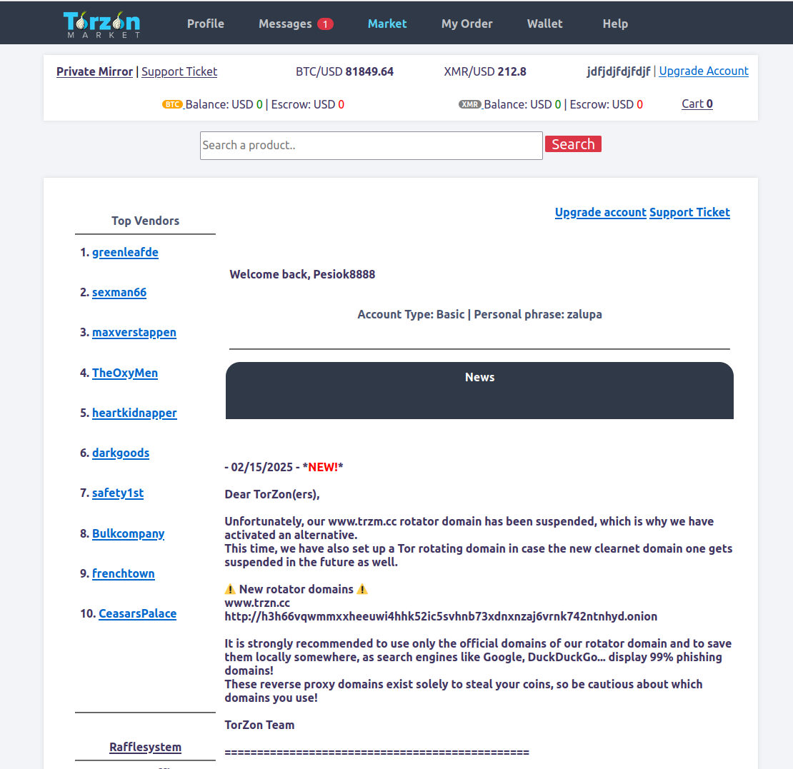 Torzon marketplace main dashboard interface showing navigation, security indicators, and featured listings